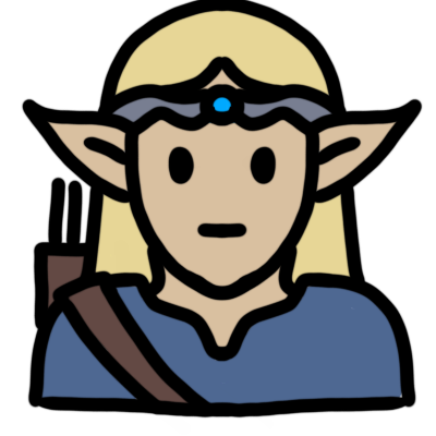 An elf with cream skin, straight blonde hair, and a neutral expression, wearing a blue tunic, brown leather archery quiver, and grey circlet with a blue gem.